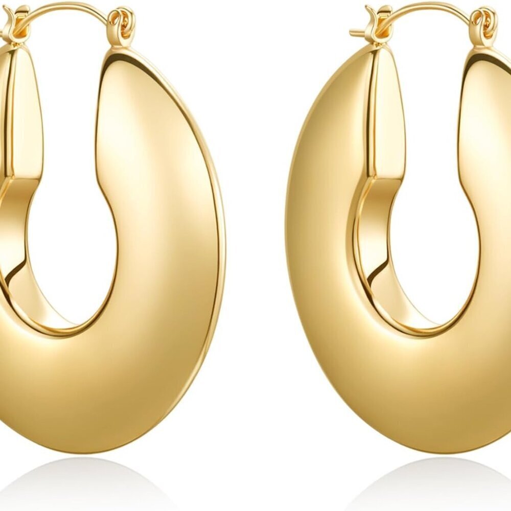 18K Gold Plated Sterling Silver Hoop Earrings Women Large Chunky Oval Statement